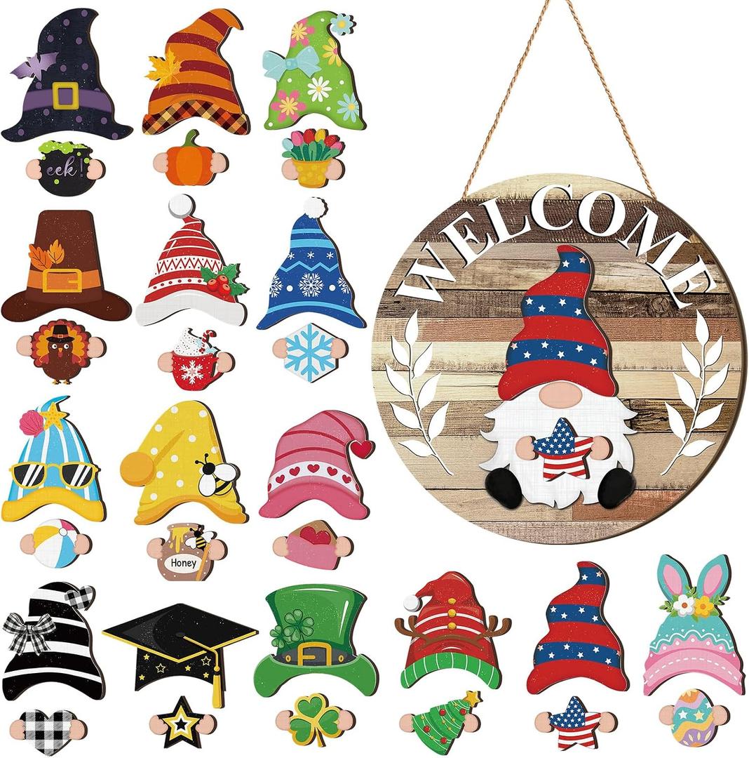 Qunclay Interchangeable Wooden Gnome Decor Holiday Seasonal Gnome Decorations with Magnet Pieces and Detachable Hats Changeable Welcome Sign for Home (Farmouse)