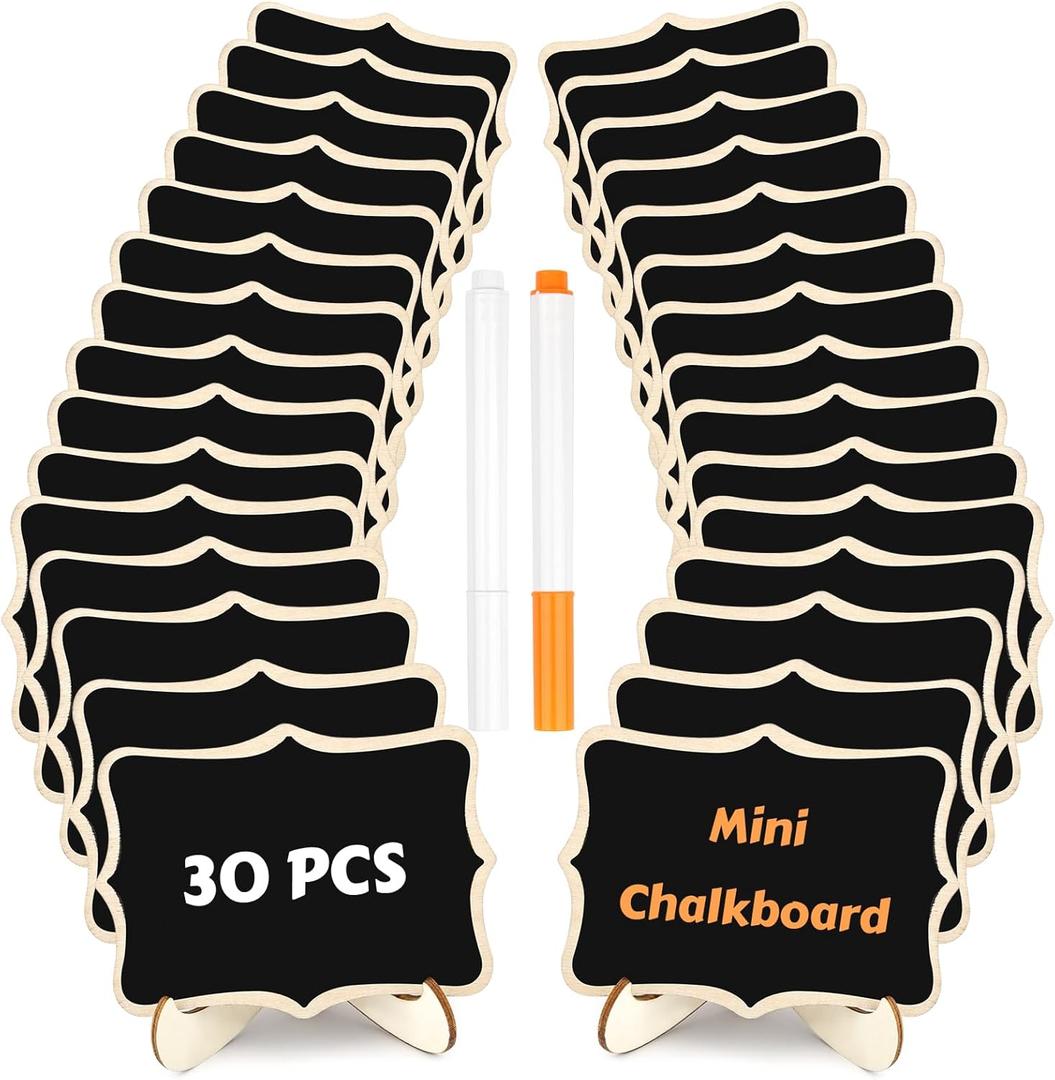 30 Pack Mini Chalkboard Signs, Food Labels for Party Buffet, Small Wooden Chalk Board Signs with Easel Stand & Markers, Wedding Place Cards for Table Setting or Numbers, Event Decor (Polygonal)