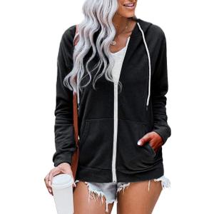 WROLEM Women Casual Full Zip Up Hoodie Comfy Loose Long Sleeve Sweatshirt Solid Color Jacket with Pockets, Medium