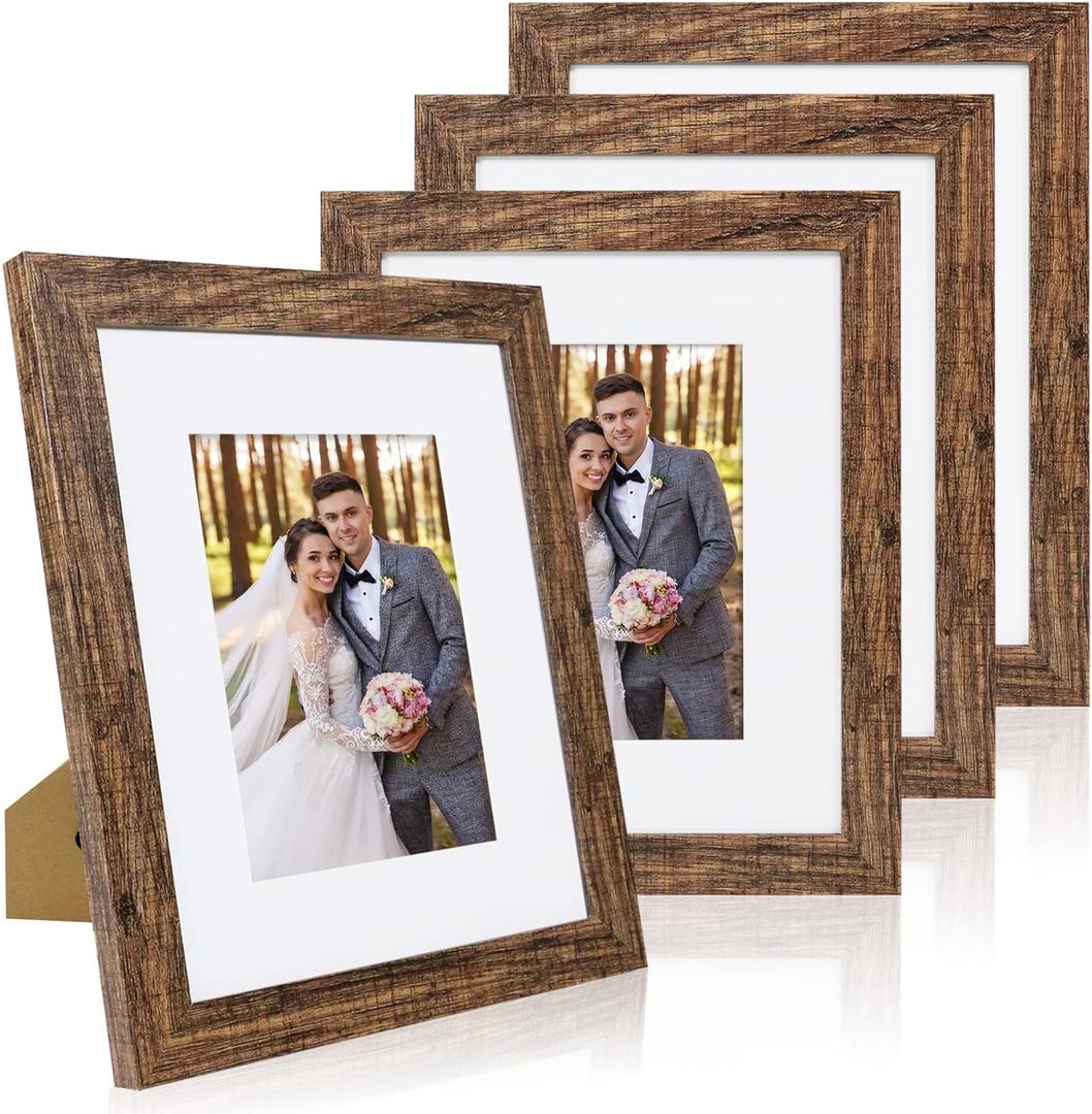 Hongkee 8x10 Picture Frame Set of 4, Made of Real Glass and Rustic Brown Wooden Frame, 8 by 10 Photo for Wall or Tabletop - Display Picture 5x7 with Mat or 8x10 Without Mat
