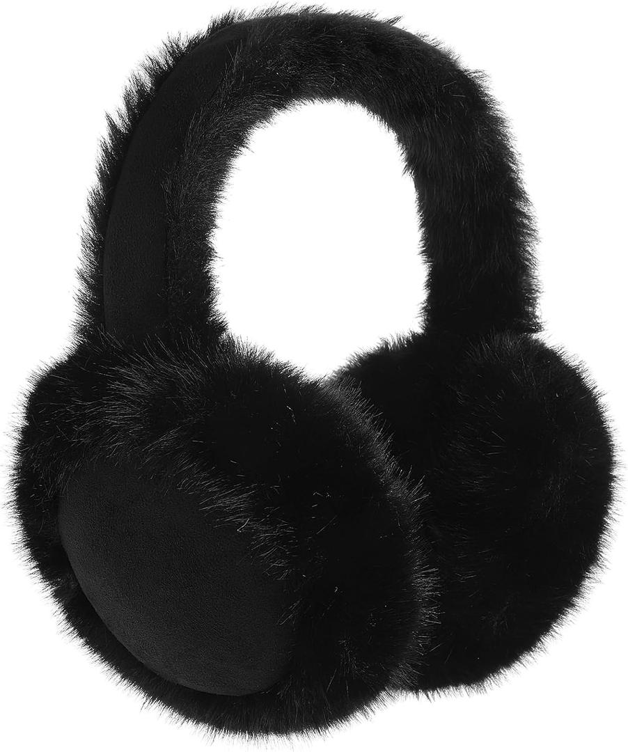 Tavaleu Ear Muffs for Winter Women, Foldable Fuzzy Earmuffs Faux Fur Warm Ear Warmers Covers Cold Weather (Fluff - Black)