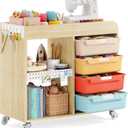 SYKIARIOL Rolling Organizer Storage Drawer Cart with 4 Drawers & Pegboard Panels,Printer Stand with Wooden Tabletop & Hanging Hooks,Multifunctional Storage Cabinets for Office & Living Room,Rainbow