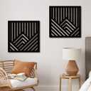 Geometric Mountain Wood Wall Art Decor, 2 Pcs Modern Mountain Wall Sculptures Wooden Square Hanging Abstract Panels, 3D Square Hollow Wood Art Wall Decor for Home Office Living Room Bedroom (Black)