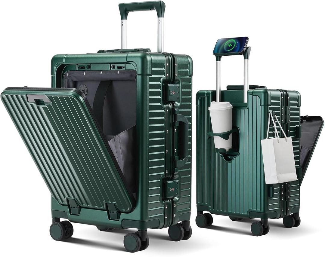 Carry on Luggage Aluminium Frame with Cup Holder,Top opening Suitcases and USB Charging Port,Lightweight with Front Pocket Rolling Suitcases with Spinner Wheels (Dark Green, 20Inch)