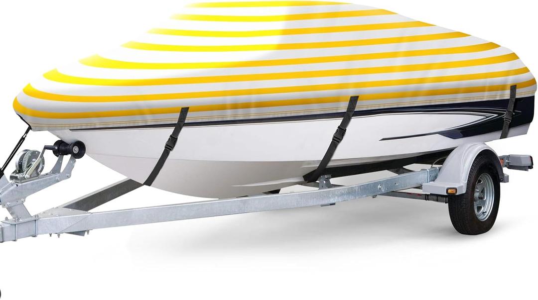 Waterproof Boat Cover, Fits 16-18.5ft V-Hull Tri-Hull, Bass, Fish & Ski, Runabout Boats - 600D Heavy Duty Canvas Stripe (16'-18.5' Long (Beam Width up to 94"), Yellow and White)