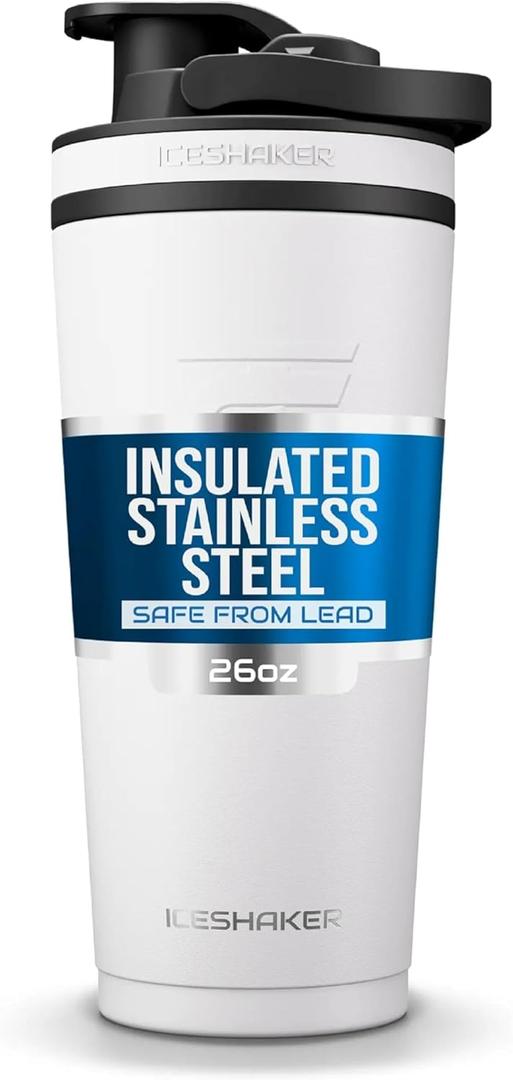 Ice Shaker Insulated Stainless Steel Shaker Bottle | 26oz, White | Cold for 30+ Hours | Insulated Cup with Twist-on Agitator | Odor-Free Bottle for Protein Shakes, Water, Smoothies, Cocktails