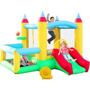 Inflatable Bounce House with Slide, 107x106x80 Inch, Jumping Castle with Blower and Ball Pool, Basketball Game