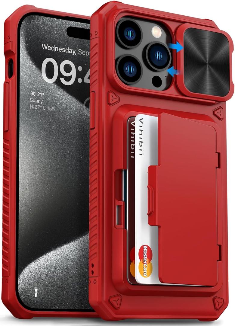 Vihibii for iPhone 15 Pro Max Wallet Case with Card Holder (4 Cards) & Slide Lens Protective Cover & Kickstand & Raised Edges Protect Screen, Shockproof Rugged Case for iPhone 15 Pro Max 6.7", Red