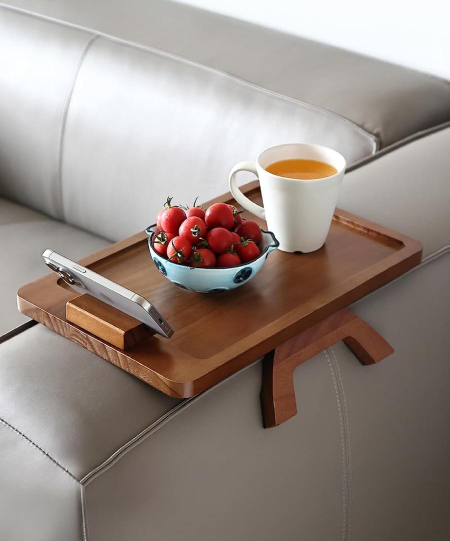 BAMBOO LAND- Couch Arm Tray, Wooden Folding Couch Armrest Table, Rectangular Clip-On Sofa Arm Tray with 360 Rotating Phone Holder