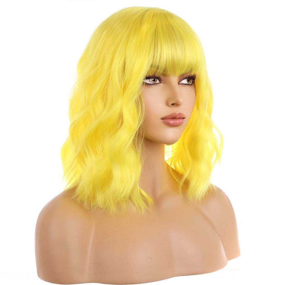 BERON 14 Inches Yellow Wig Wig for Women Girls Short Curly Yellow Wigs with Bangs Hairnet Include