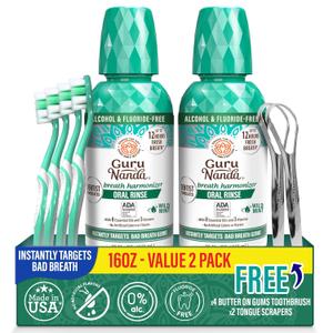 GuruNanda Fresh Breath Mouthwash, ADA-Accepted, Alcohol & Fluoride-Free, Sodium Chlorite, Essential Oils & Vitamins, 12-Hrs Fresh Breath, Wild Mint, 16 oz - 2 Pack