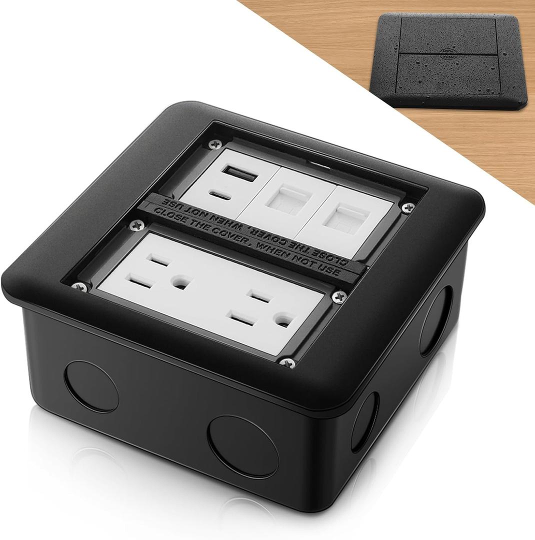 Hoolerry Floor Outlet Cover Plate, 15 a Duplex Receptacle & Triple Charging Ports (USB + USB C + Ethernet), 2 Gang Steel Recessed Outlet Box, Black