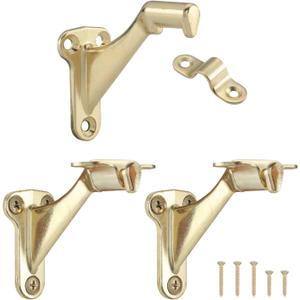 HOME MASTER HARDWARE Handrail Stair Brackets 3" Heavy Duty Staircase Hand Rail Bracket Support Hardware for Home or Office Stairways,Bright Brass with Screws 3-Pack