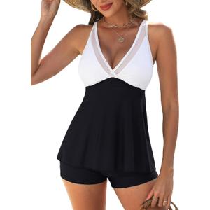 Kate Kasin 2 Piece Tankini Swimsuits for Women Tummy Control Bathing Suits Mesh Sheer V-Neck Flowy Swim Suits with Boyshorts (Large, White/Black)