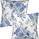 Vintage Sage Navy Blue Flower Decorative Throw Pillow Covers Outdoor Farmhouse Short Plush Decor Pillowcase for Home Sofa 18 x 18 Inch Set of 2 (Color-14)