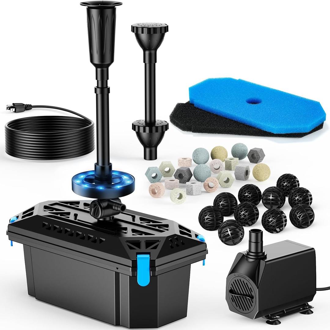 POPOSOAP RGB Pond Filter with Pump Fountain Kits, 660GPH Pond Filter Box With 40W Pond Pump & RGB Auto-Cycle LED Lights, Koi Pond Filters for Outdoor Ponds Clean, Clear, and Add Water Features