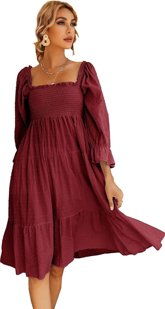 R.Vivimos Women's Summer Cotton Polka Dots Puff Sleeves Bow Casual Off-Shoulder Boho Midi Dress (Large, Burgundy) 