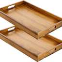 YOUEON 2 Pack 17 x 12 Inch Acacia Wood Serving Tray with Handles, Large Wooden Tray for Ottoman, Breakfast in Bed, Dinner, Coffee Table, Perfect for Living Room, Bedroom & Kitchen