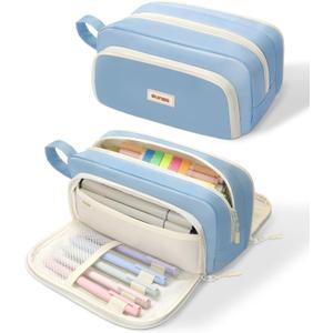SUNEE Large Pencil Case, Big Capacity Pen Pouch with 3 Compartments, Kawaii Cute Pencil Bag with Zipper, High Storage Stationery Holder and Organizer, School Supplies for Teen and Adult Girls, Blue