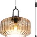Amber Plug in Pendant Light, Hanging Lamps for Living Room Plug in Glass Globe Pendant Light, Modern Plug in Cord Pendant Hanging Light with 14.7 ft Cord On/Off Switch Striped Glass Shade, D11"* H6.3"