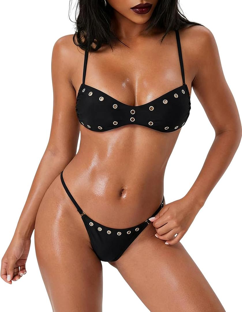 SherryDC Womens Sexy Studded Bikini Set Bandeau Cheeky High Cut Thong 2 Piece Swimsuits (Black, M)