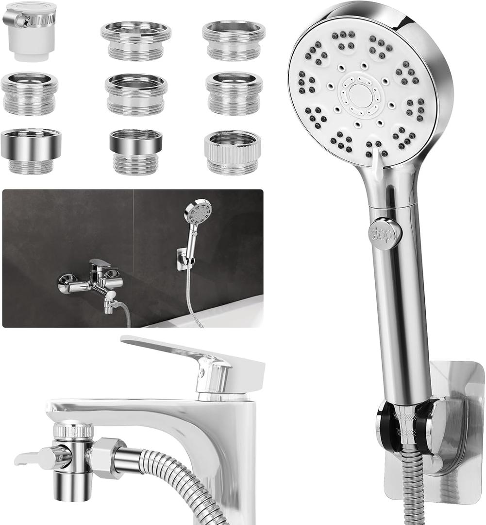Bathtub Faucet Shower Head Sink with 79" Hose, Tub Faucet Sink Hose Sprayer Attachment Set (8 Adapters) for Bathroom Garden, ON/OFF 6 Modes High Pressure Handheld Shower Extension Kit, Removable