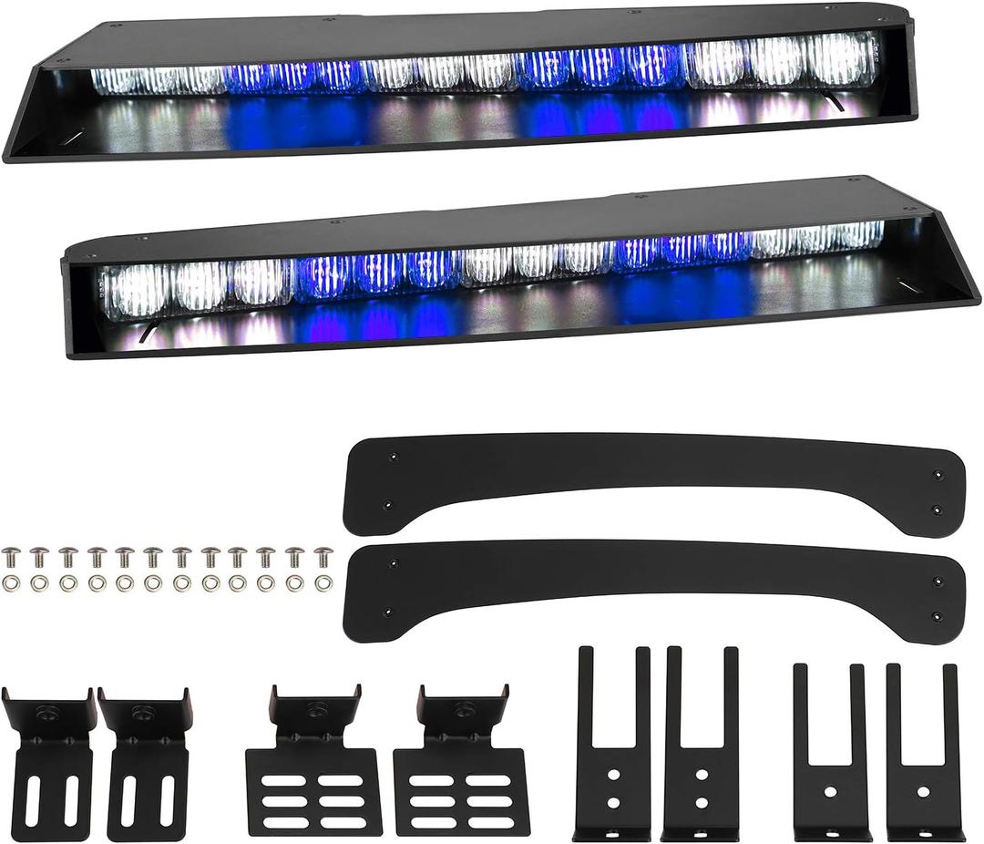 ASPL Visor lights bar 2-15 LED 29 Flash Patterns Interior Upper Windshield Split Mount Emergency Hazard Warning Strobe Light Bar Take Down Light Kit (Blue/White)