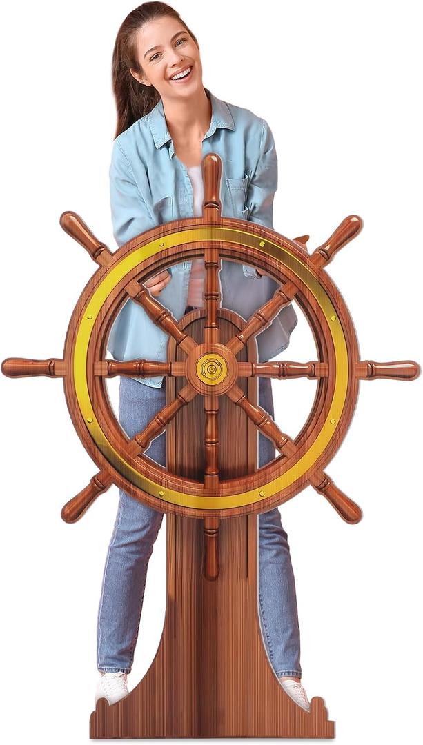 DoubleFill 4 Feet Ship Wheel Cardboard Cutout Nautical Party Decorations Stand up Large Captain Wheel Photo Props Back Drops for Pirate Nautical Party Home Outdoor Decor