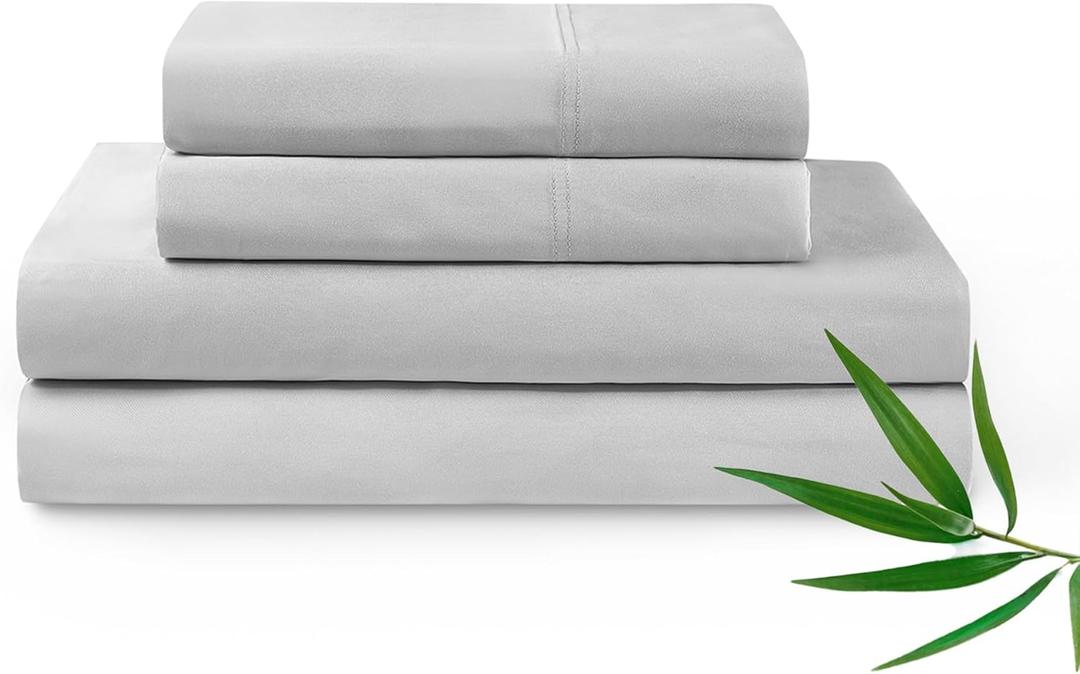 YnM Cooling Bed Sheet Set with 100 Percent Rayon Derived from Bamboo, 500TC Fabric with 2 Pillowcases and Flat Sheet, Deep Pocket Fit 19'', Silky-Soft & Sweat Wicking, 4 Piece (King,Light Grey)
