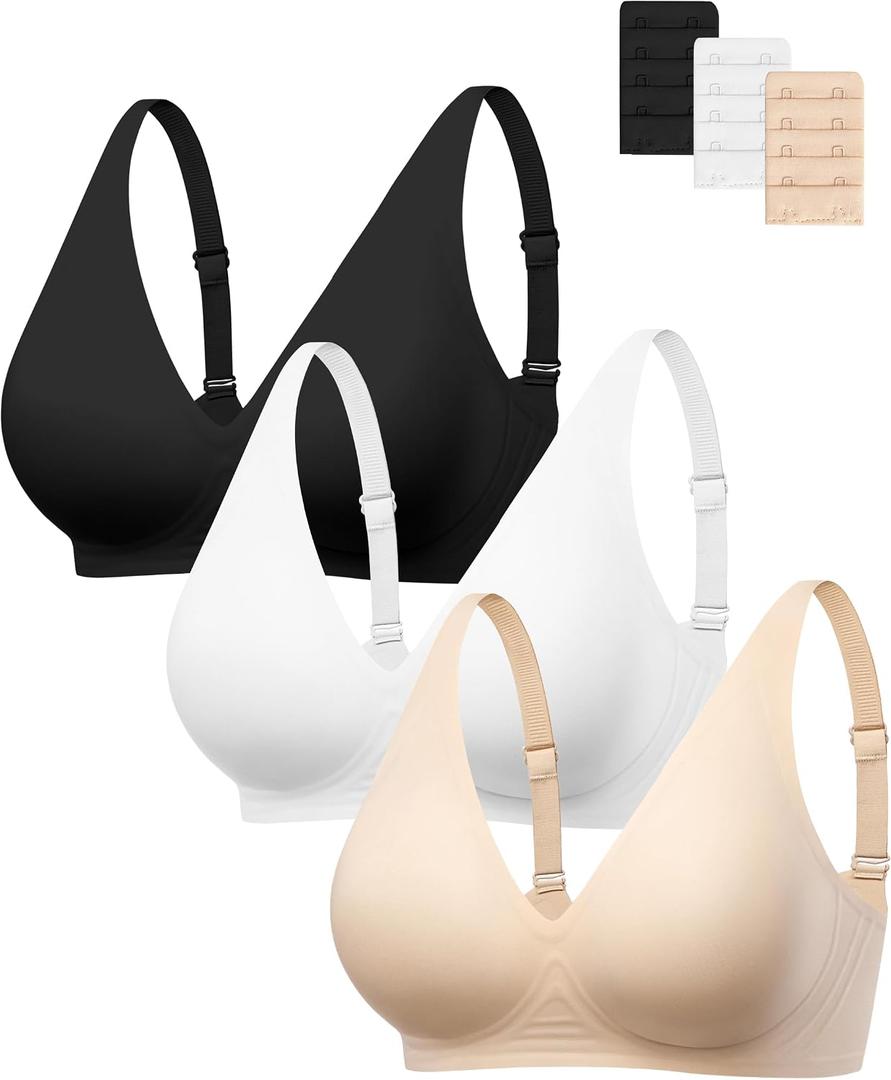 Angelhood Deep V Jelly Bras for Women Comfort Wireless Bralettes Adjustable Seamless Push Up Plunge Bras Black/Nude/White, Medium