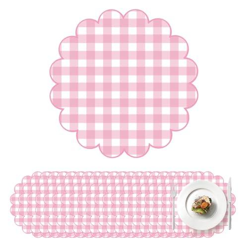100 Pcs Checkered Paper Placemats Pink Gingham Place Mats 13.5 Inch Disposable Round Decorative Dining Table Mat with Scalloped Edge Paper Cutouts Decor for Picnic BBQ Table Party Supplies