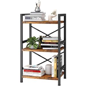 Homeiju Bookshelf, 3 Tier Industrial Bookcase, Metal Small Bookcase, Rustic Etagere Book Shelf Storage Organizer for Living Room, Bedroom, and Home Office(Rustic Brown) Patent Pending D29873033 (Vintage)