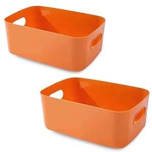 COVRA 2-Pack Plastic Storage Bins, Small Storage Baskets, Organizers for Home & Office, 9.6 x 6.3 x 4.7 Inches (Orange)