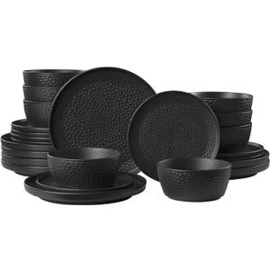 24-Piece Hammered Ceramic Dinnerware Sets, Matte Black | Hammered Texture | Plates & Bowls Set | Stackable | Microwave, Dishwasher & Oven Safe | Serves 8 | Ideal Gift