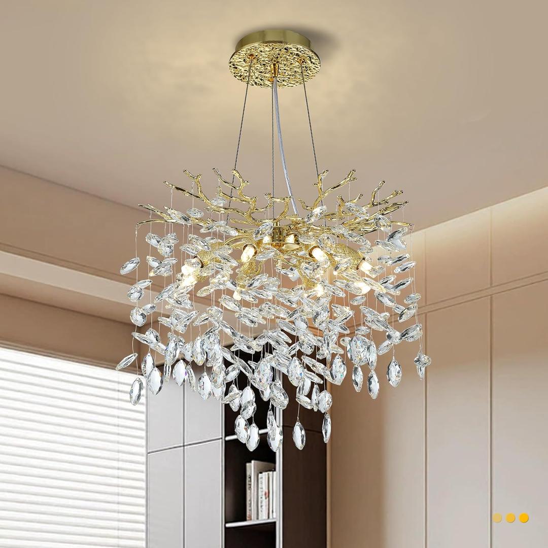 Modern Crystal Tree Branches Chandelier, 18in Gold 6 Lights Large Ceiling Hanging Light for Dining Room, Round Raindrop Pendant Light Fixture