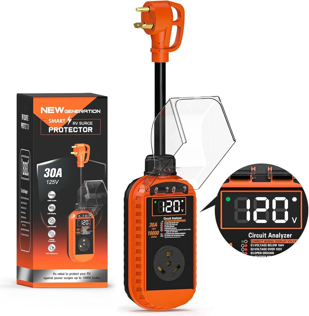 Smart RV Surge Protector 30 Amp with Auto Shutoff & Reset, 10,000J 30 Amp RV Surge Protector with LED Display, Voltage & Temperature Protection, IP67 Waterproof (Orange)