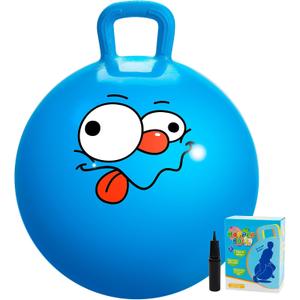 U&C Planet Hopper Ball, 22 inches Bouncy Ball with Handle for Kids Age 7-12, Hoppity Hop Sit and Bounce Jumping Hopping Toy with Pump & Gift Box, Great Gift for Birthday Christmas, Blue Emoji