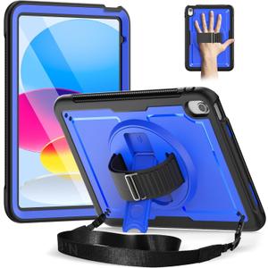Timecity Case for iPad 11th/10th Generation 2025/2022: with Screen Protector, 360 Rotating Stand, Hand Strap, Shoulder Strap, Pencil Holder, Full-Body Shockproof Protective Case -Darkblue