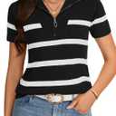 Vrtige Women's Quarter Zip Ribbed Knit Stripe Short Sleeve Sweater (S)