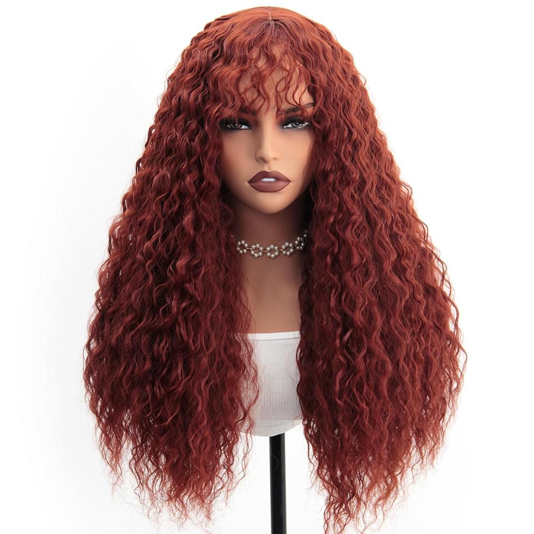 Synthetic Curly Wig with Bangs Heat Resistant Water Curl Hair Wigs for Women Long Afro Water Curly Wigs Full and Thick Reddish Brown Curly Wig 26 Inch 
