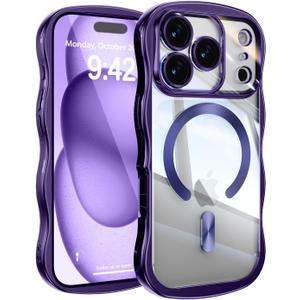 UEEBAI for iPhone 17 Pro Case, Cute Wave Frame Magnetic Phone Case Compatible with Magsafe Full Camera Protection Cover Soft Electroplated Phone Cover for Women Girls - Purple