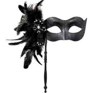 MYSEUNI 2025 New Masquerade Mask for Women with Stick - Shiny Women's Feather Mardi Gras Venetian Mask for Costume Accessory (Black)