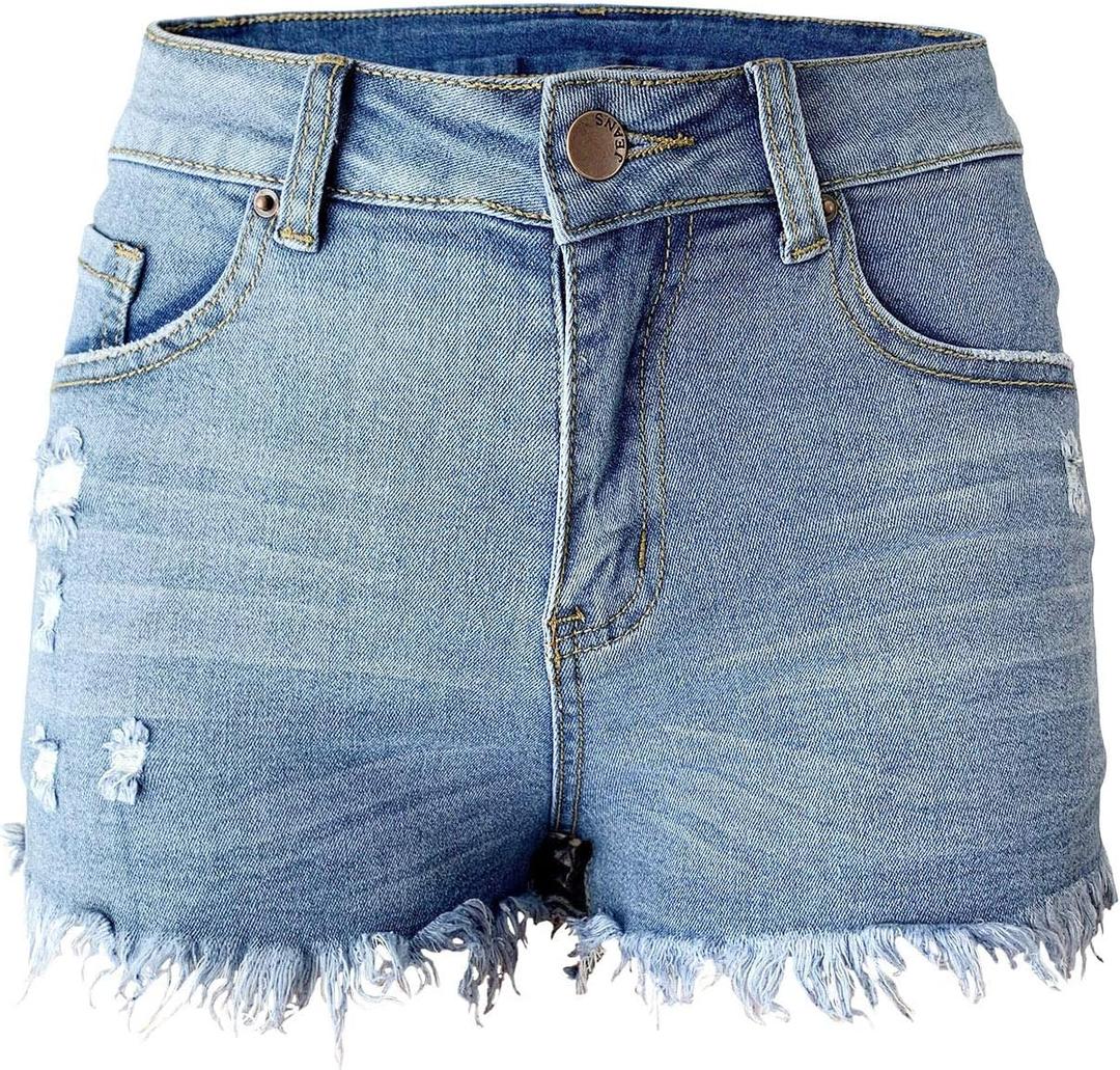 Aodrusa Womens Ripped Denim Shorts Mid Rise Body Enhancing Curvy Cutoff Distressed Jeans (6-8, Light Blue)