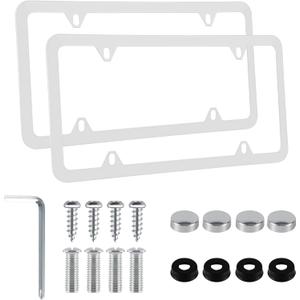 alpmosn 2PCS Stainless Steel License Plate Frames, 4 Holes Car Licence Plate Covers with Screws Washers and Caps, Car Exterior Accessories, License Plate Holder for US Vehicles (White)