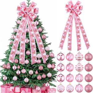 17 Pcs Pink Christmas Tree Decorations Set Large Velvet Wreath Bow 16 Christmas Ball Ornaments Holiday Tree Topper Bows Stripe Dot Hanging Ball for Party Staircase Fireplace