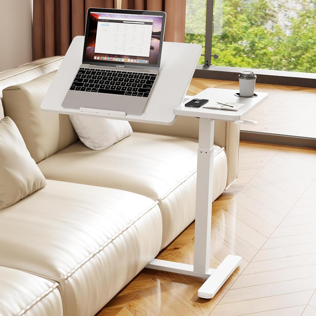 Foldable Overbed Table with Wheels, Pneumatic Height Adjustable Overbed Bedside Table, Tilting Desktop Mobile Standing Desk, Rolling Laptop Desk for Bed, Sofa, or Hospital Use (White), 27.48 x 14.17 x 41.06 inches