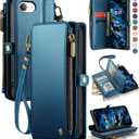 Defencase for iPhone 16E/17E Case Wallet with RFID Blocking Card Holder Slots for Women, Elegant PU Leather Magnetic Snap Flip Wristlet Strap Zipper Wallet Phone Cases for iPhone 17e & 16e, Dark Blue