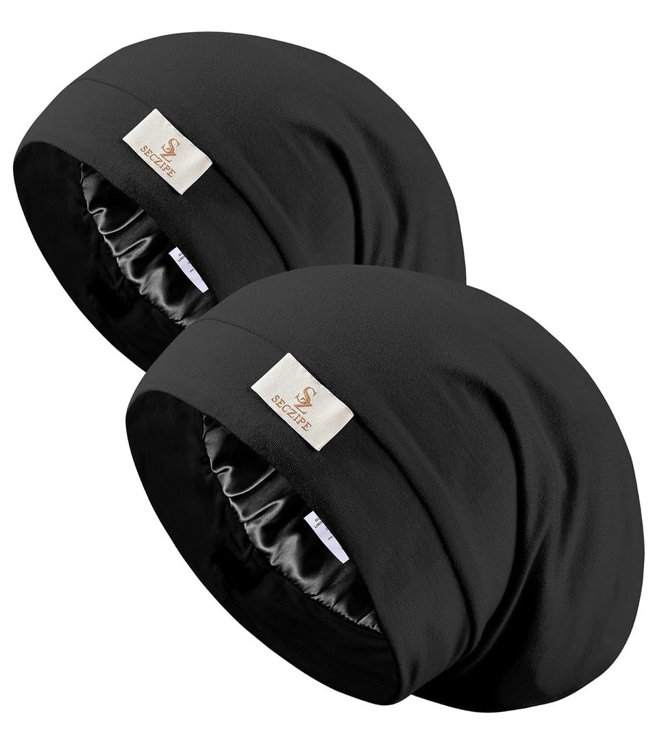 SECZIPE 2pcs Silk Satin Bonnet Hair Wrap for Sleeping, Adjustable Strap Curly Natural Hair Night Caps for Women Men (Black&Black), Medium-Large, Black