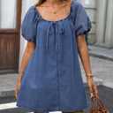 Women's Denim Mini Dress Puff Short Sleeve Square Neck Loose Jean Dresses with Pockets, 2XL