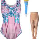 Kids Singer Star Costume for Girls Musical Dance 3D Printed Rhinestone Bodysuit Set Concert Party Cosplay 2-12 Years (Blue)